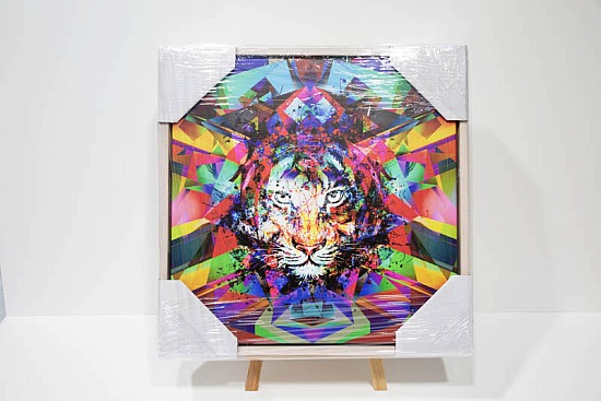 Abstract Tiger square canvas in washed white floating frame.